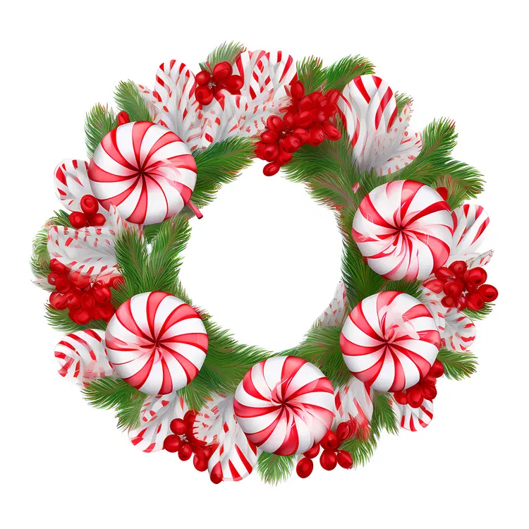 Festive Christmas Wreath with Candy Canes and Holly Berries
