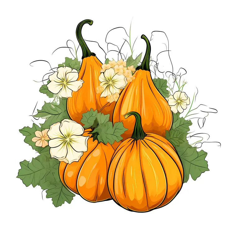 Orange Pumpkins and Gourds with Flowers