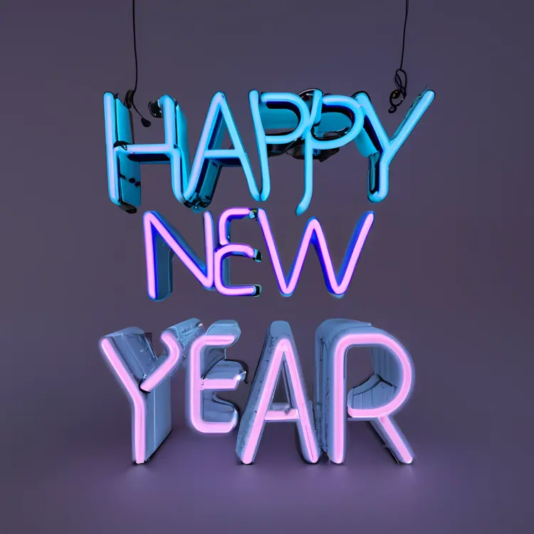 Neon Happy New Year Text with Hanging Lights