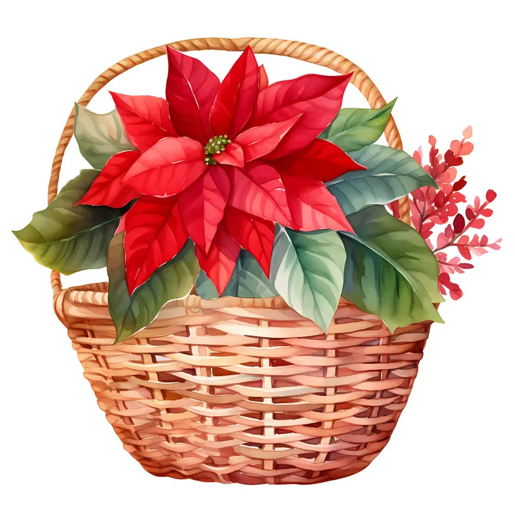 Beautiful Poinsettia in a Woven Basket for Christmas