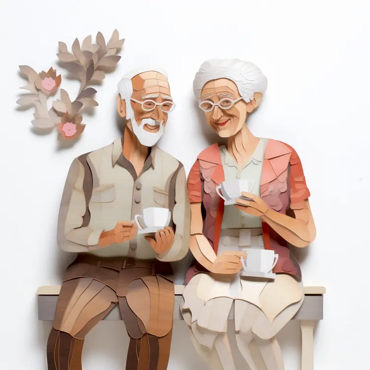 Elderly Couple Enjoying Tea in Paper Art Style
