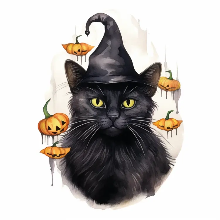 Black Cat with Witch Hat and Pumpkins for Halloween