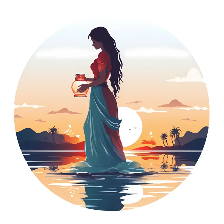 Woman Holding Lantern at Sunset