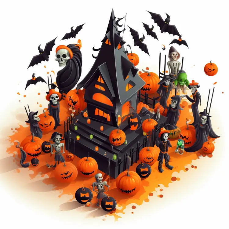 Spooky Haunted House with Pumpkins and Skeletons