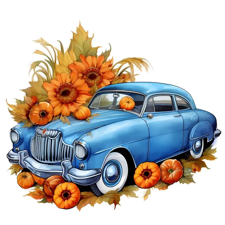Blue Vintage Car with Pumpkins and Sunflowers