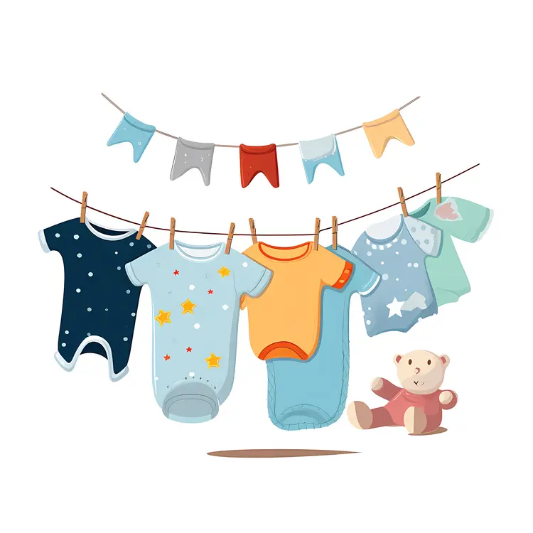 Cute Baby Clothes Hanging on Clothesline with Teddy Bear