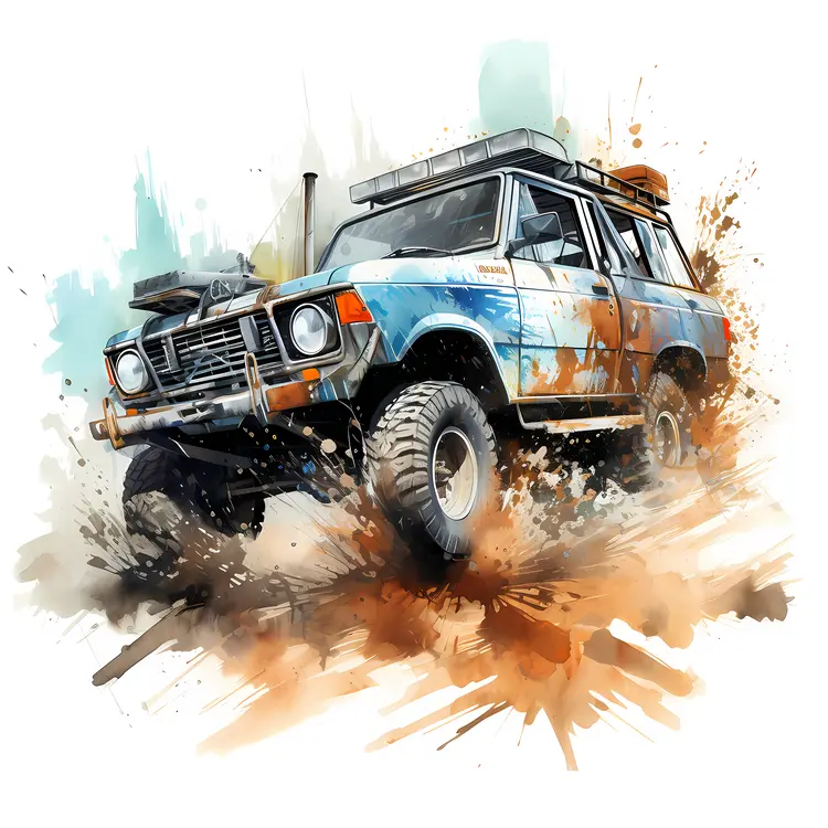 Blue Off-Road Vehicle in Muddy Terrain