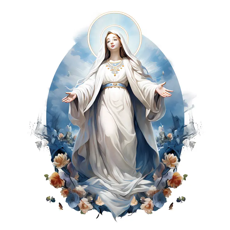 Beautiful Illustration of Virgin Mary Surrounded by Flowers