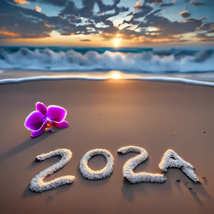 2023 Written on Beach Sand with Sunset