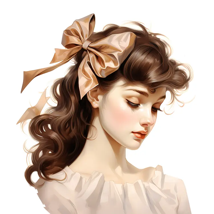 Curly Haired Woman with Ribbon Bow