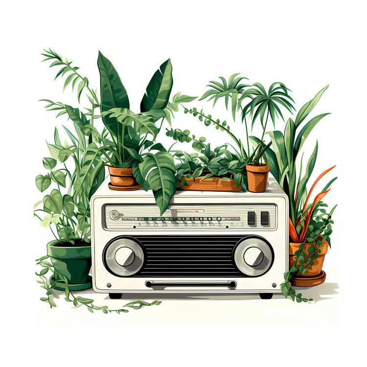 Vintage Radio Surrounded by Lush Green Plants
