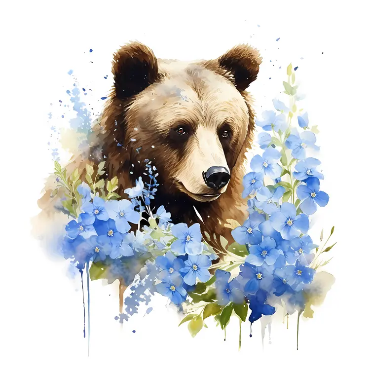 Bear Surrounded by Blue Flowers