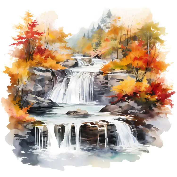 Beautiful Autumn Waterfall with Colorful Leaves