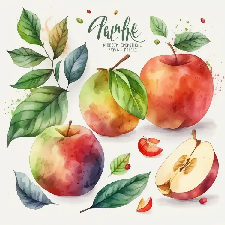 Watercolor Apples with Leaves and Slices