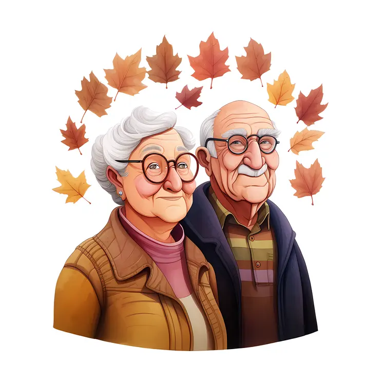 Elderly Couple with Autumn Leaves for Grandparents Day