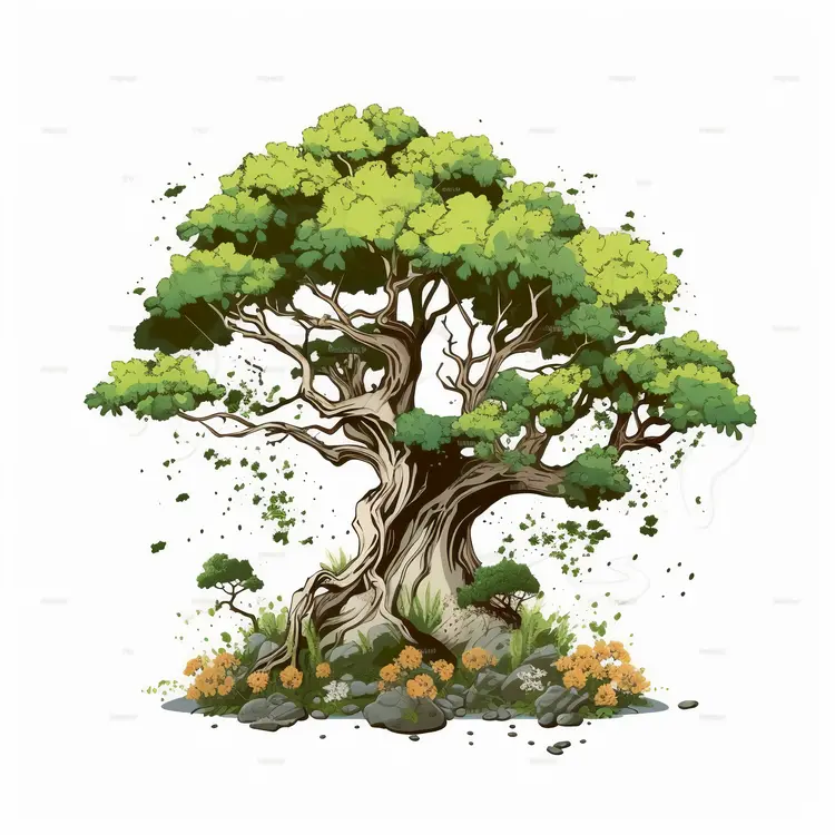 Beautiful Ancient Tree with Green Leaves and Flowers