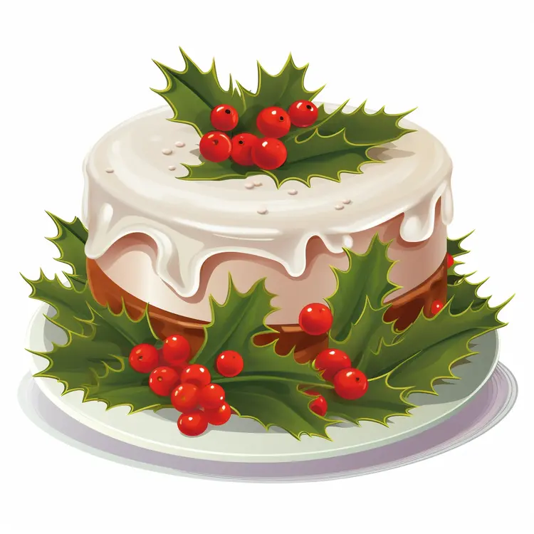 Christmas Cake with Holly Leaves and Berries