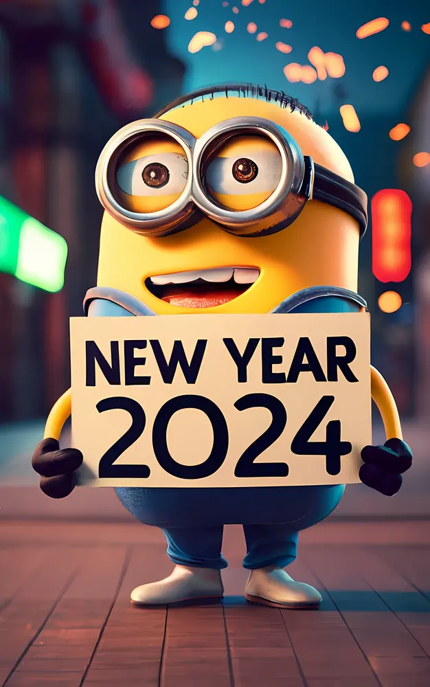 Minion Holding New Year 2024 Sign