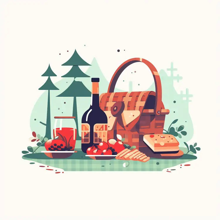 Cozy Picnic Basket with Food and Wine in Nature