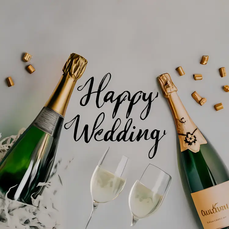 Happy Wedding Text with Champagne Bottles and Glasses