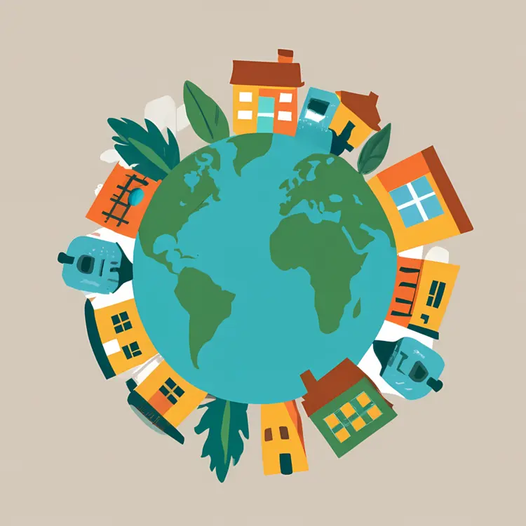 Earth with Houses and Leaves in a Circular Pattern