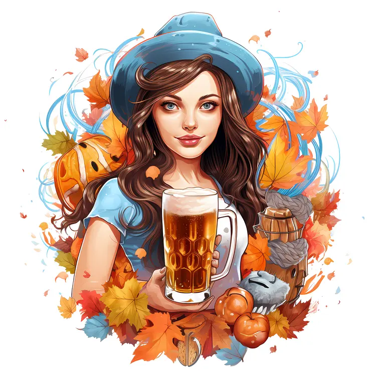 Woman with Beer and Autumn Leaves