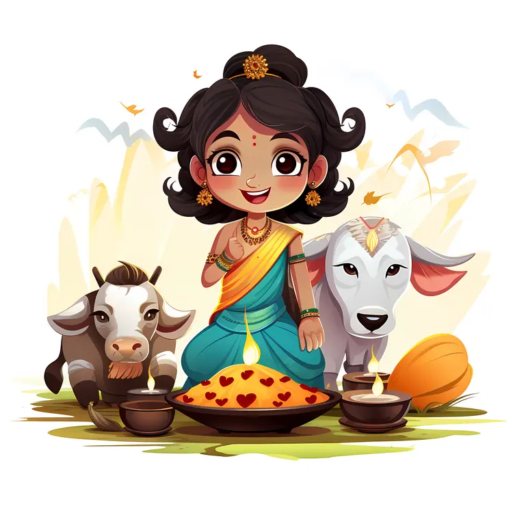 Girl with Cows and Festive Food