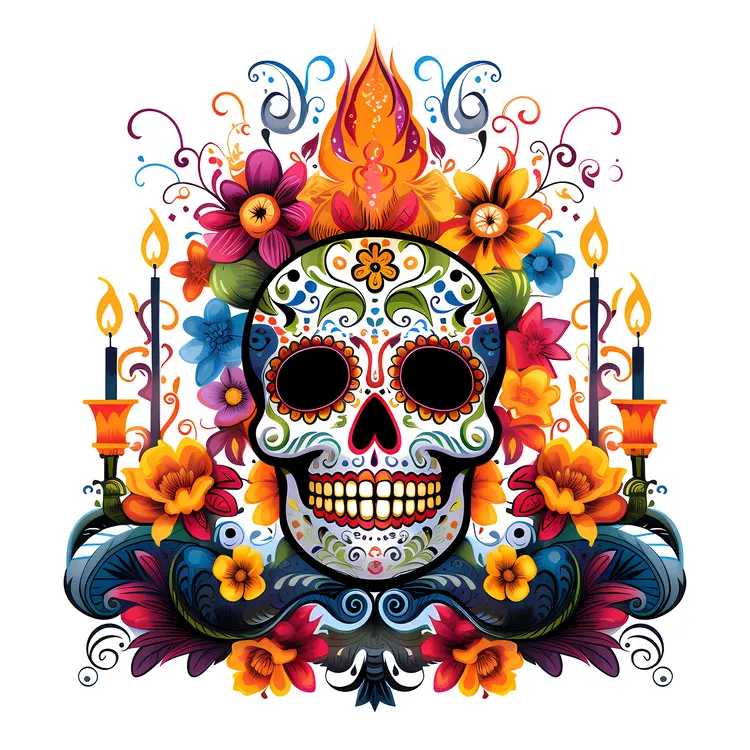 Colorful Decorated Skull with Flowers and Candles for Day of the Dead