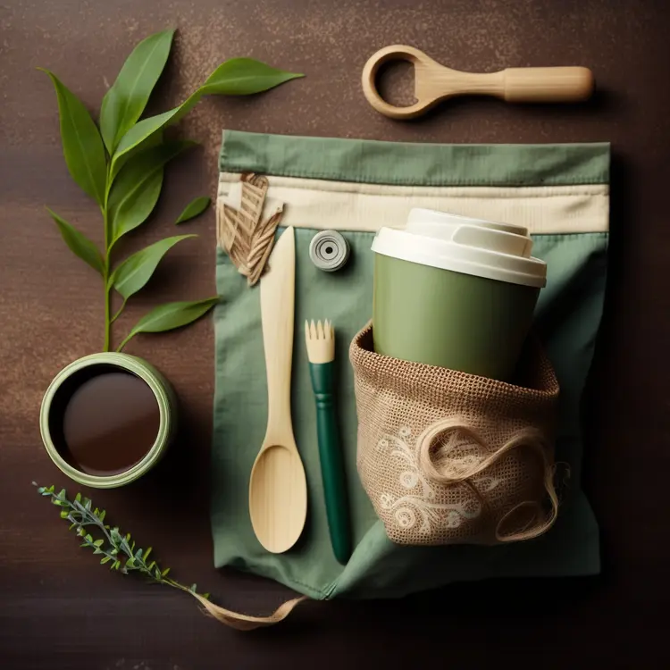 Eco-Friendly Reusable Coffee Cup with Wooden Utensils and Bag
