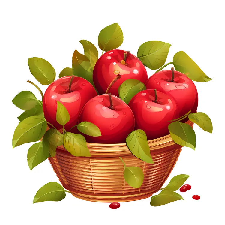 Fresh Red Apples in Basket with Leaves