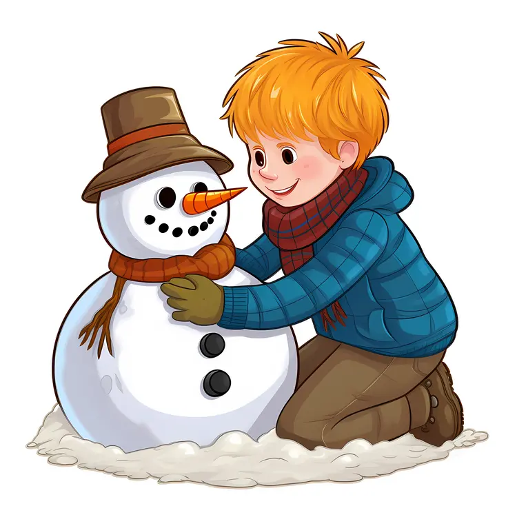 Boy Building a Snowman in Winter