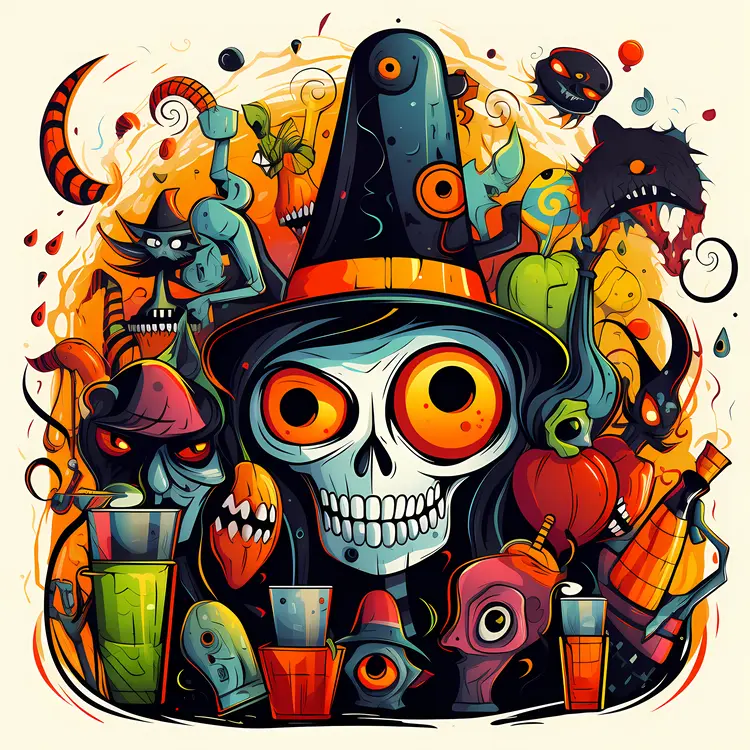 Spooky Halloween Skull with Witch Hat and Monsters