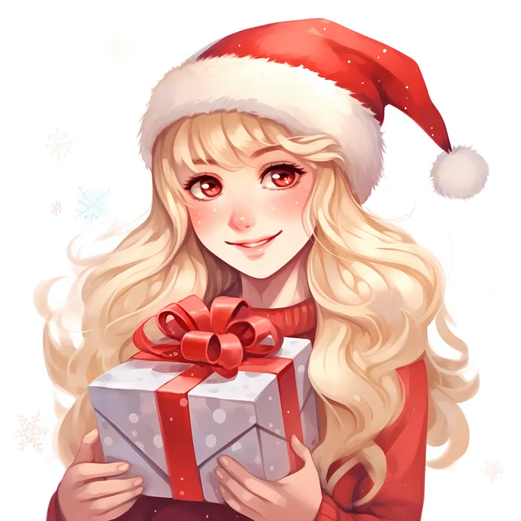 Blonde Girl with Gift in Santa Hat
