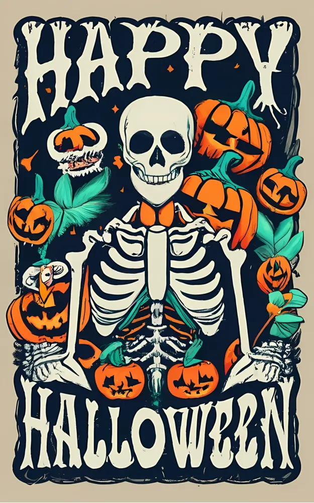 Skeleton with Pumpkins and Leaves for Halloween