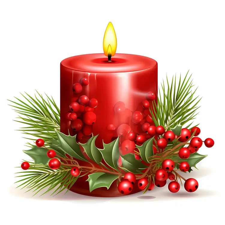 Red Christmas Candle with Holly and Berries