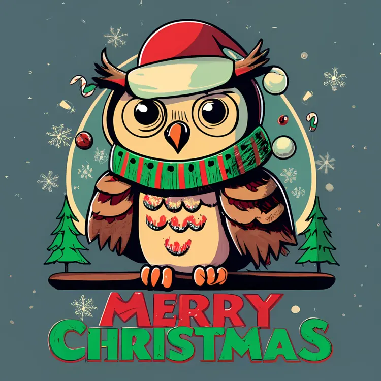 Owl with Christmas Hat and Scarf