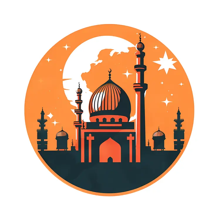 Orange Mosque with Full Moon and Stars