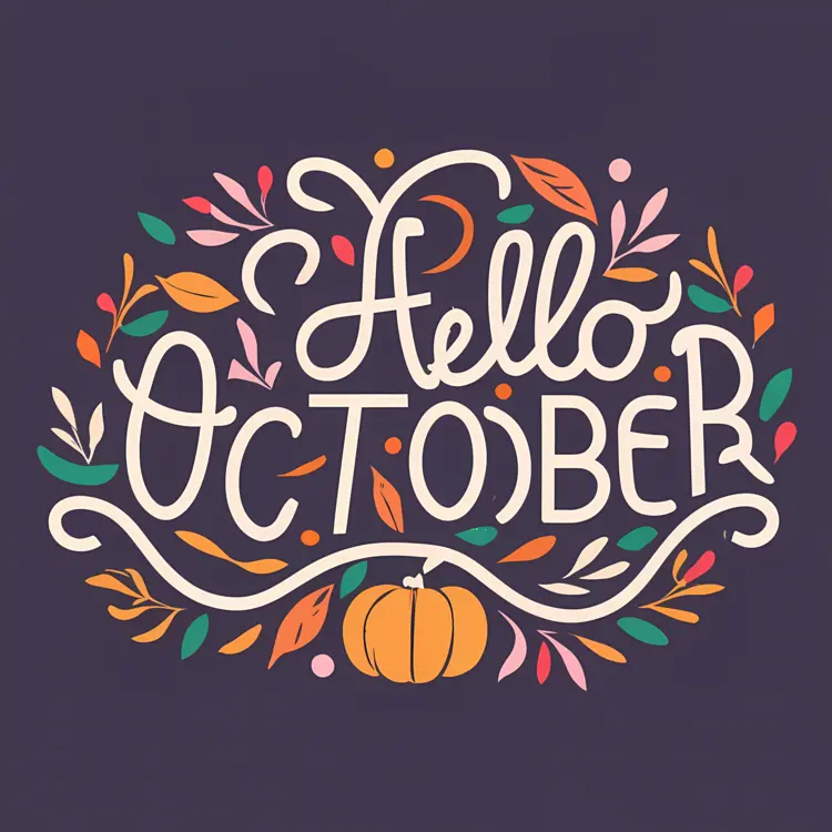 Hello October Text with Leaves and Pumpkin