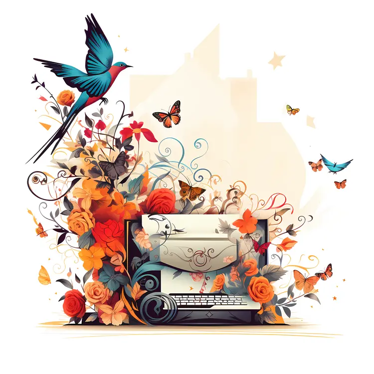 Typewriter with Bird and Flowers
