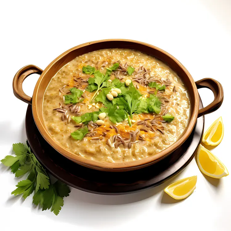 Delicious Haleem Garnished with Fresh Herbs and Lemon