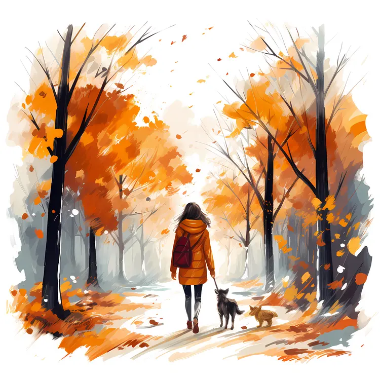 Person Walking with Dogs in Autumn Forest