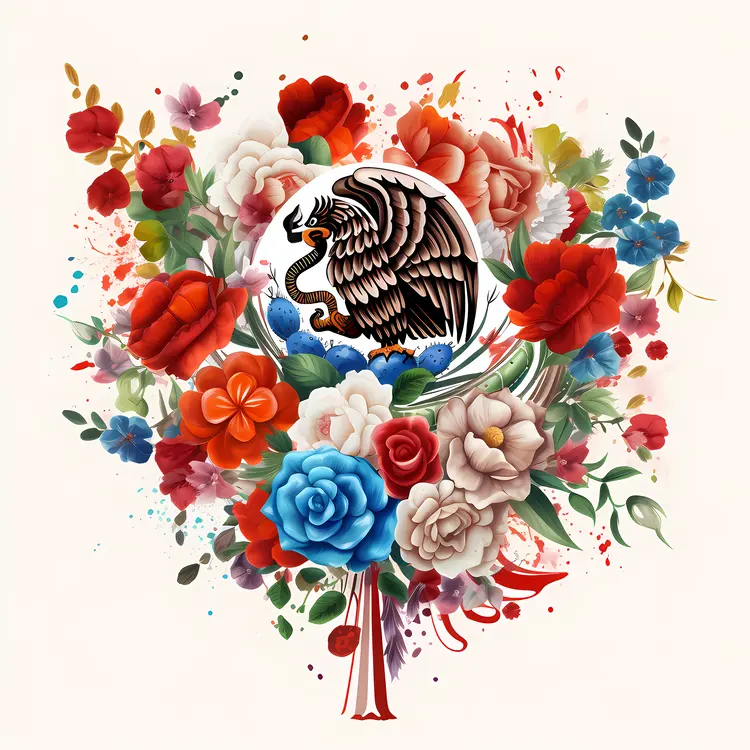 Mexican Eagle Surrounded by Colorful Flowers