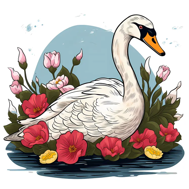 Graceful Swan Among Blooming Flowers