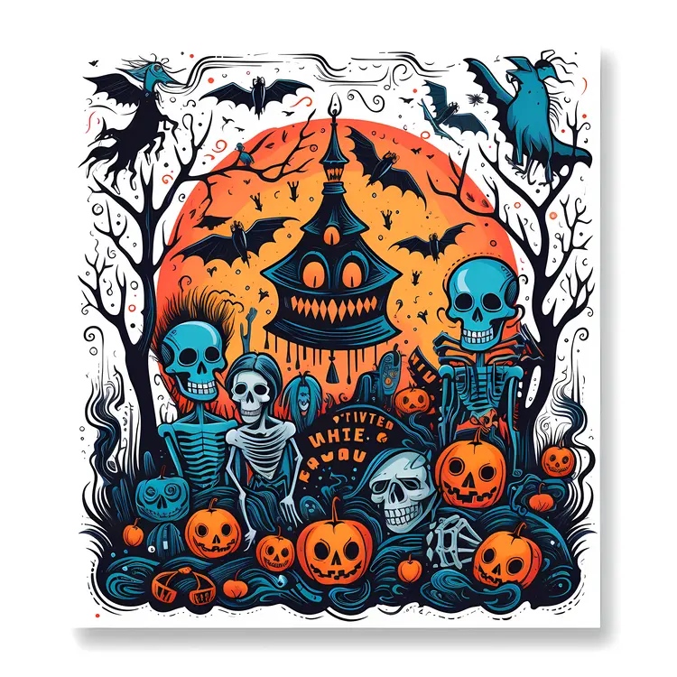 Skeletons with Pumpkins and Halloween Decorations