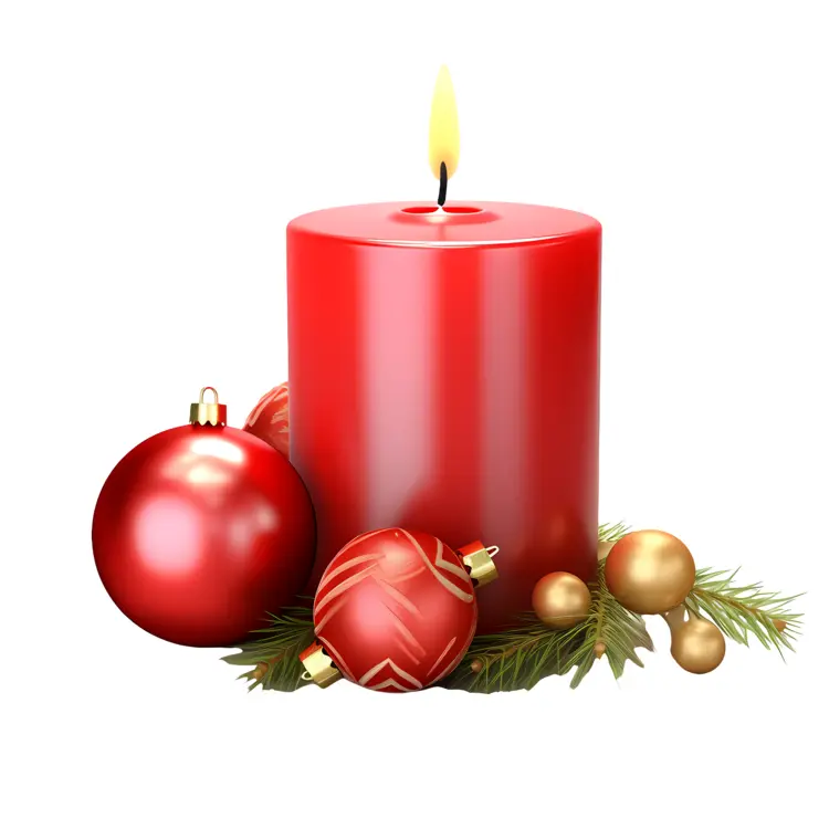 Red Candle with Ornaments and Green Leaves