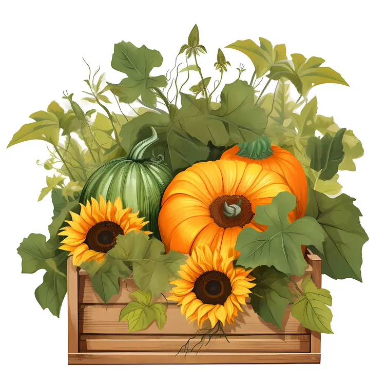 Sunflowers and Pumpkins in Wooden Crate
