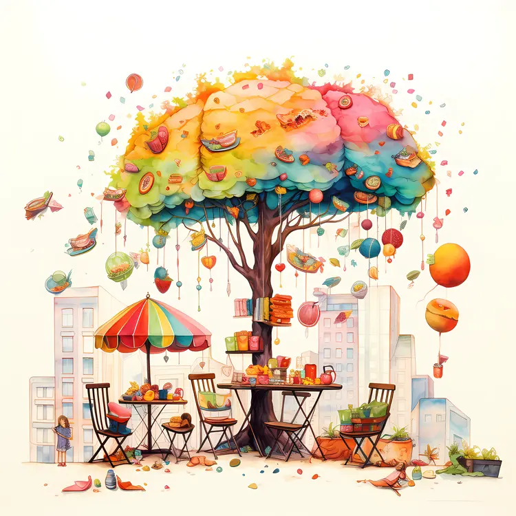 Colorful Tree with Picnic Setup in Urban Area