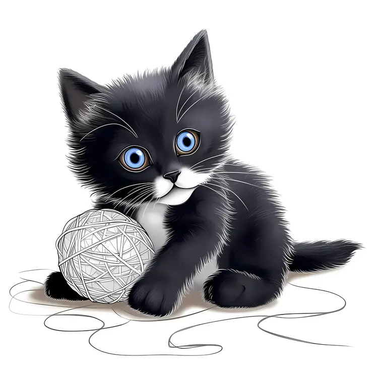 Adorable Black and White Kitten Playing with Yarn Ball