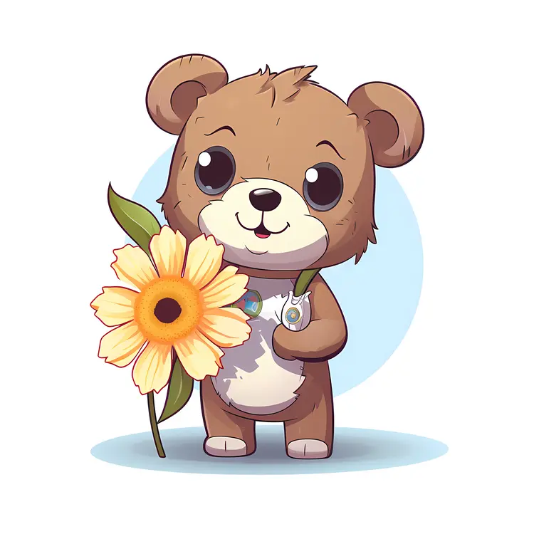 Cute Cartoon Bear Holding a Flower