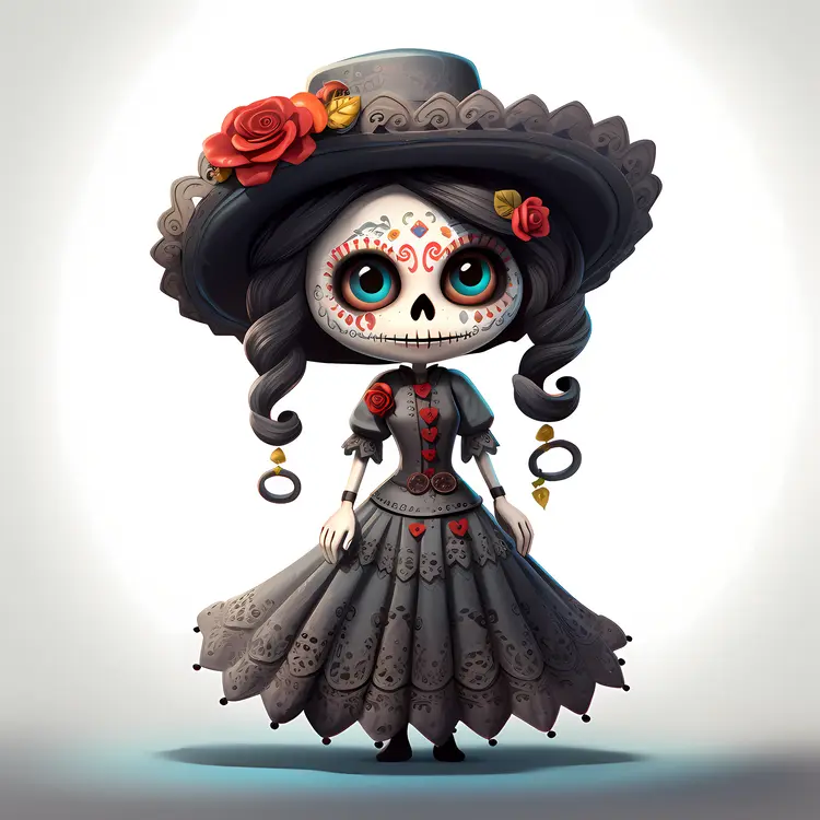Skeleton Lady with Red Rose and Hat